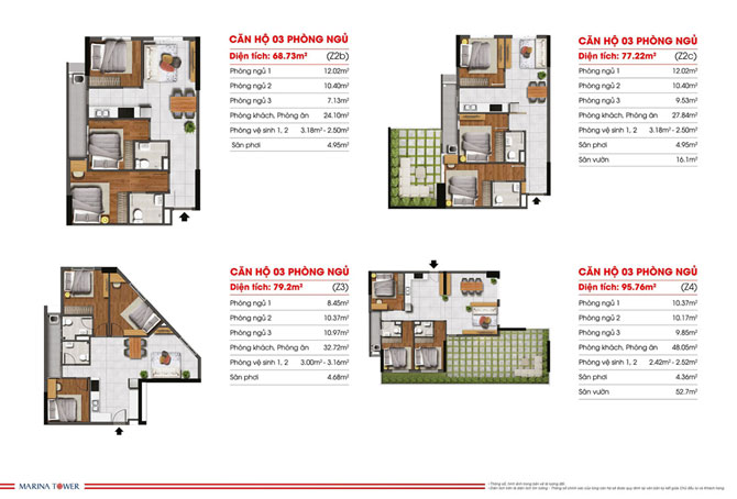 Thiết kế căn hộ 1PN, 2PN, 3PN Marina Tower
