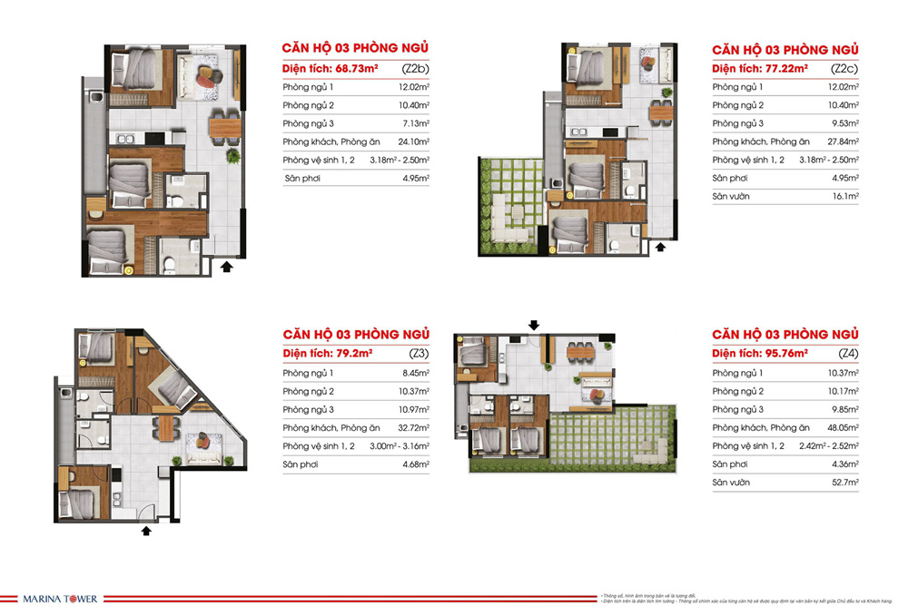 Thiết kế căn hộ 1PN, 2PN, 3PN Marina Tower