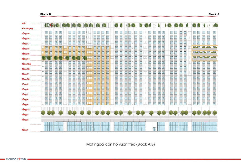 Mặt ngoài căn hộ vườn treo (Block A,B) Marina Tower