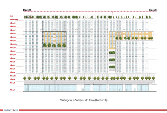 Mặt ngoài căn hộ vườn treo (Block B,C) Marina Tower