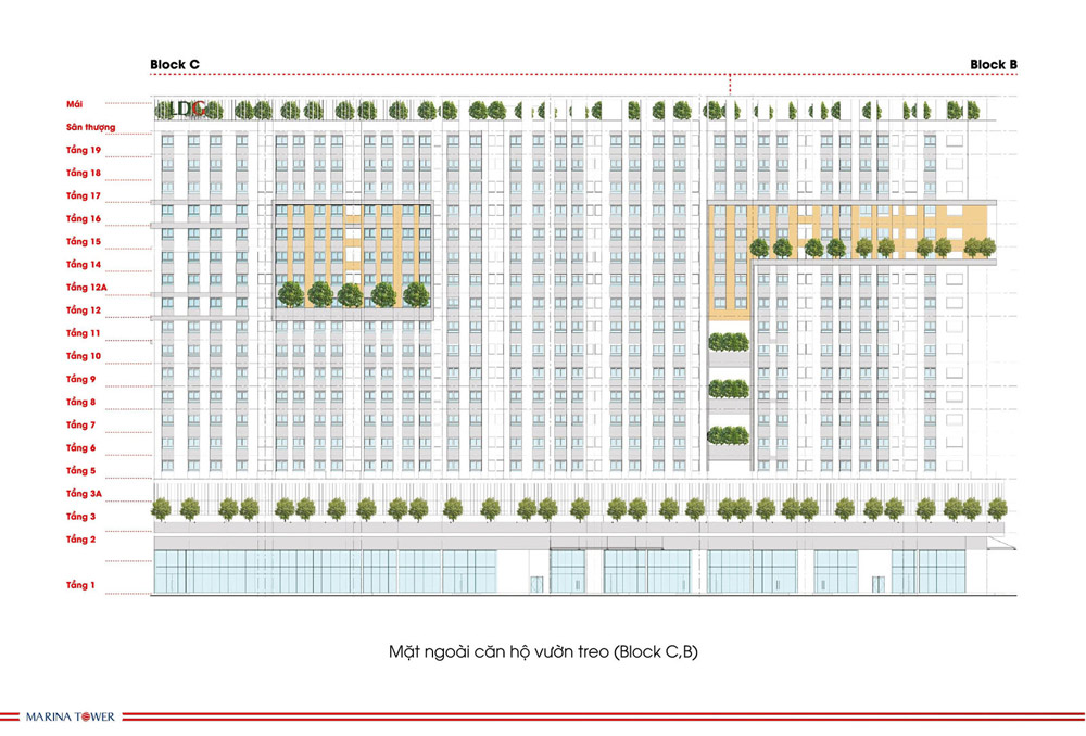 Mặt ngoài căn hộ vườn treo (Block B,C) Marina Tower