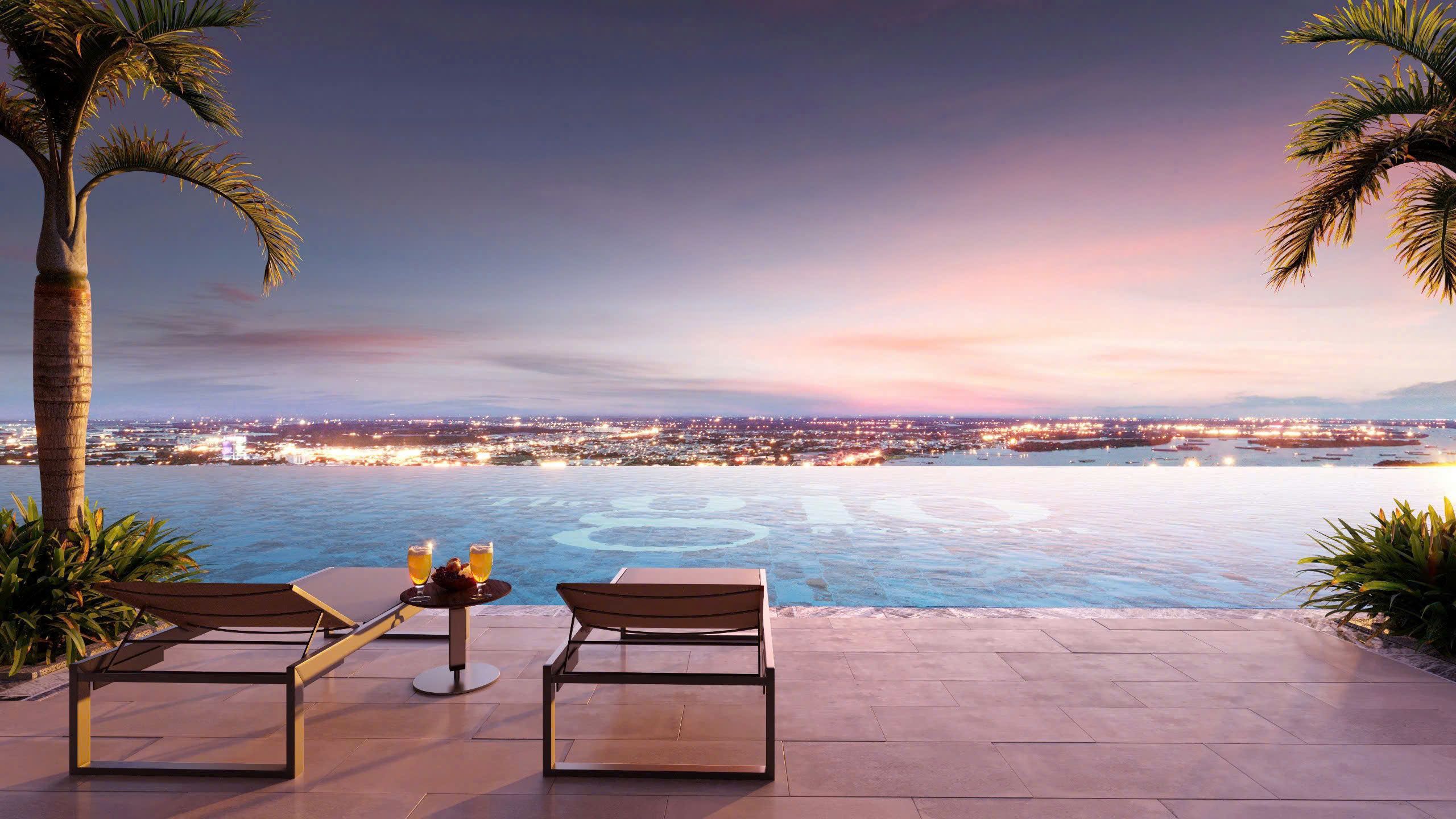 Hồ bơi hoàng hôn vô cực được bố trí trên tầng 40 - tầng cao nhất của dự án The Gió Riverside, hồ bơi vô cực Sunset Infinity Pool có thiết kế sang trọng với tầm nhìn thượng đỉnh, ôm trọn đường chân trời khi ánh hoàng hôn buông. Tại đây, cư dân không chỉ có cơ hội khám phá tọa độ check-in "triệu view" trên độ cao 140 m mà còn được nhâm nhi ly rượu vang ngọt chát, đón từng vạt nắng chiều hay ngắm nghía bức tranh thành phố về đêm, lắng nghe khúc hoan ca của Gió. Cùng với Sunset Infinity Pool, hồ bơi Sunrise Infinity Pool hứa hẹn trở thành cặp "tuyệt tác hồ bơi" trên cao độc đáo nhất TP.HCM.