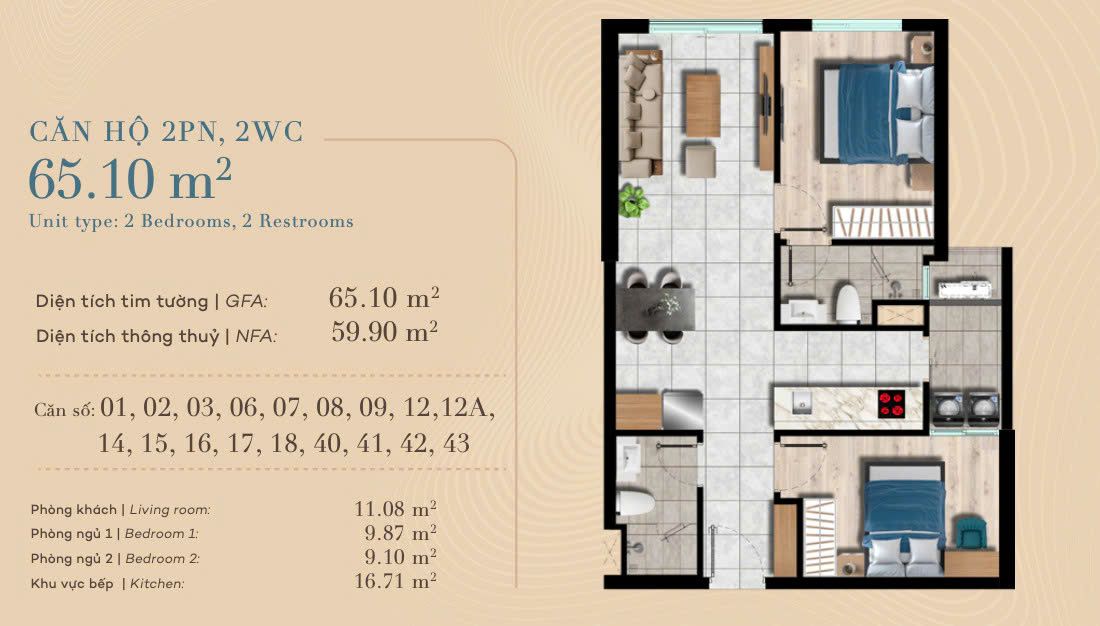 Thiết kế căn 2 phòng ngủ