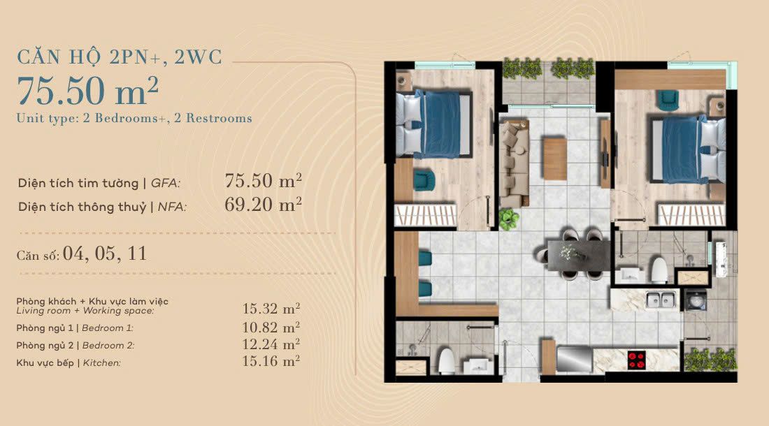 Thiết kế căn 2 phòng ngủ +