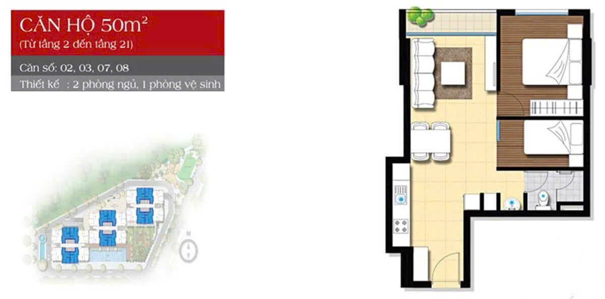 Thiết kế căn 50m2, thiết kế 2PN & 1WC