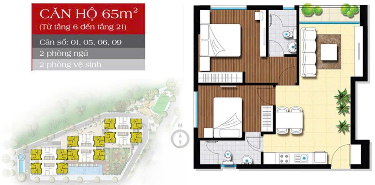 Thiết kế căn 65m2, thiết kế 2PN & 2WC