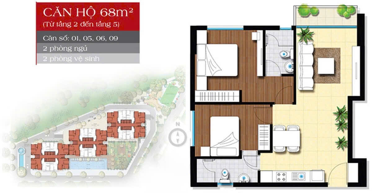Thiết kế căn 68m2, thiết kế 2PN & 2WC