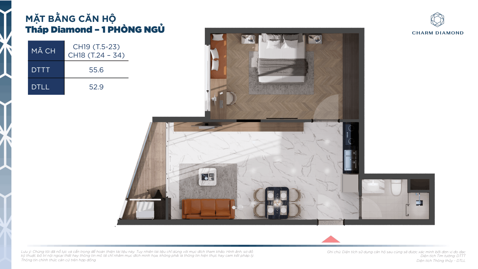 Mặt bằng căn hộ 1 phòng ngủ