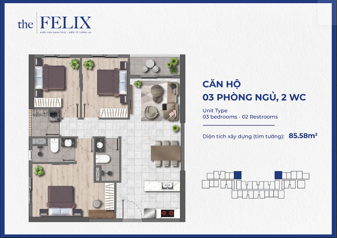 Mặt bằng căn hộ 03 phòng ngủ