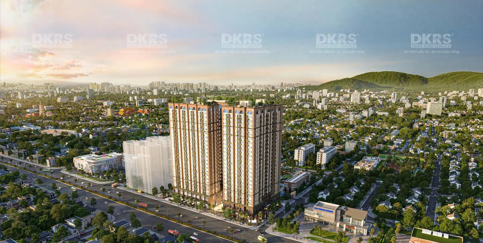 Tòa căn hộ Maison Grand nằm trên trụ đường lớn, bao quanh bởi khu dân cư và cảnh quan đô thị