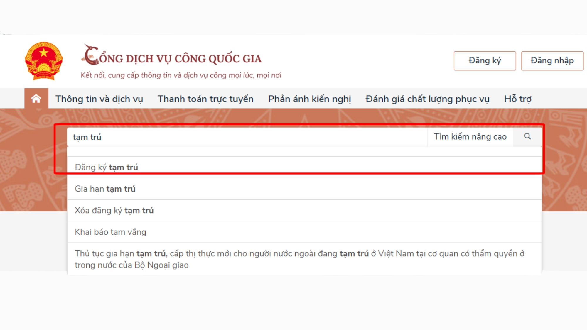 Bước 2 - Đăng ký tạm trú online trên dịch vụ công
